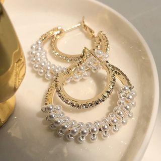 Faux Pearl Layered Hoop Earring 1 Pair - White & Gold - One Size