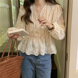 Long Sleeve V Neck Lace Embroidered Shirt