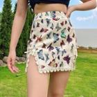 High-waist Lace-trim Butterfly Print Mini Skirt