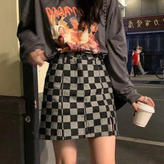 Checkerboard Slit Mini Skirt