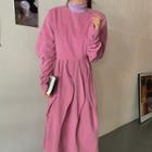 Puff-sleeve Round Neck Plain Loose Fit Dress