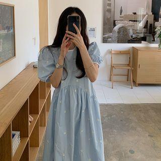 Puff-sleeve Flower Embroidered Midi Sundress