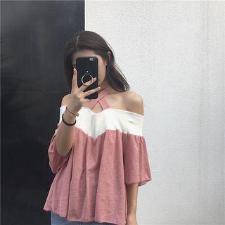Tie-neck Off-shoulder 3/4 Sleeve Top