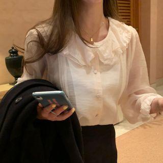 Long-sleeve Ruffle Trim Plain Blouse As Shown In Figure - One Size