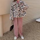 Leopard Print Furry Jacket / Corduroy Wide-leg Pants