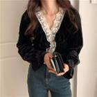 V-neck Lace Trim Velvet Blouse Black - One Size