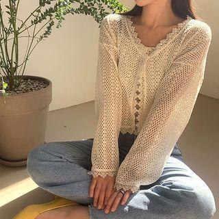 Drop-shoulder Perforated Crochet-lace Cardigan