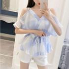 Cold-shoulder Checkered Drawstring-waist Blouse