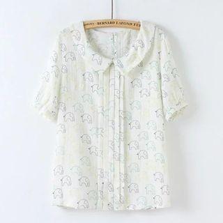 Elephant Print Collared Short Sleeve Top
