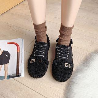 Furry Rhinestone Buckled Lace-up Shoes
