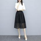 Set: Ruffle Trim 3/4-sleeve Blouse + High Waist Midi A-line Skirt