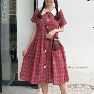 Peter-pan Collar Short-sleeve Plaid Dress