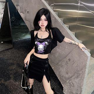 Print Cropped Camisole Top / Short-sleeve Cardigan / Mini Pencil Skirt / Set