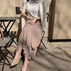 Accordion-pleat Layered Long Skirt Beige - One Size