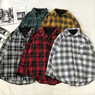 Mock Two-piece Color-block Check Panel Mock-neck Long-sleeve Top