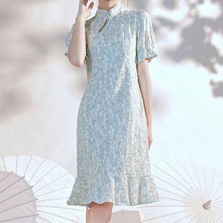 Short-sleeve Lace Ruffle Hem Midi Qipao