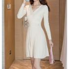 Long-sleeve V-neck Pleated Hem Knit Mini Dress