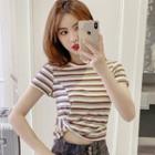 Striped Short-sleeve Twisted Cropped T-shirt