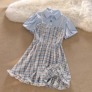 Spaghetti-strap Plaid Mini A-line Dress / Puff-sleeve Blouse