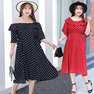 Off-shoulder Elbow-sleeve Polka Dot Midi Dress