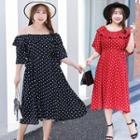 Off-shoulder Elbow-sleeve Polka Dot Midi Dress