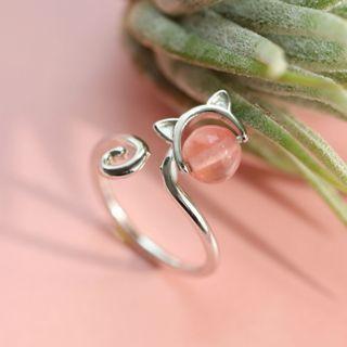 Cat Faux Crystal Sterling Silver Open Ring Pink Faux Crystal - Silver - One Size