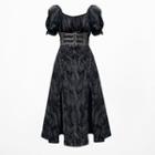 Puff-sleeve Tie-dye Midi A-line Dress / Mini Dress / Asymmetrical A-line Skirt / Buckled Waist Belt / Set