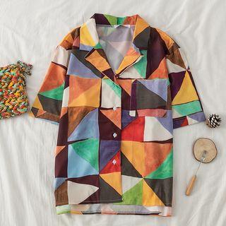 Short Sleeve Geo Print Shirt As Shown In Figure - One Size