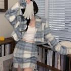 Woolen Plaid Cropped Blazer / High-waist Semi Skirt