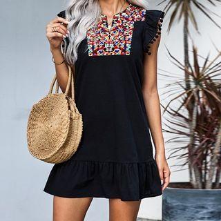 Sleeveless Embroidered Bobble Trim A-line Dress
