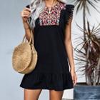 Sleeveless Embroidered Bobble Trim A-line Dress