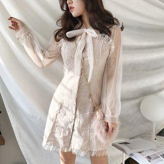 Mesh Panel Tie-neck Long-sleeve Lace Dress