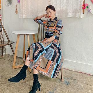 Tie-waist Patten Long Shirtdress