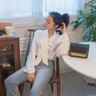 Tie-neck Ruffle-cuff Satin Blouse