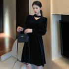 Long-sleeve Rhinestone Velvet A-line Dress
