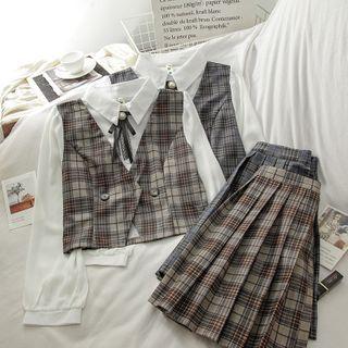 Set: Mock Two-piece Plaid Panel Blouse + Plaid A-line Skirt
