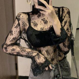 Bell-sleeve Embroidered Mesh Top