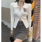Long-sleeve Lettering Embroidered Zip Knit Top