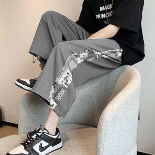 Paisley Print Panel Cropped Straight Leg Pants