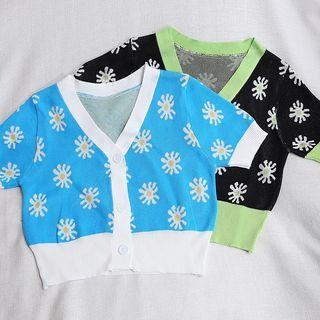 Short-sleeve Button-up Floral Knit Top