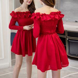 Long-sleeve Off Shoulder Frill Trim Mini A-line Dress
