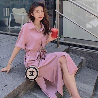 Drawstring Waist Plain Short-sleeve Midi Shirtdress