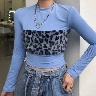 Long-sleeve Leopard Print Faux Fur Trim Crop Top