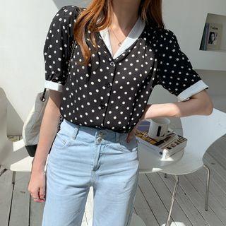 Puff-sleeve Polka-dot Blouse Black - One Size