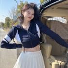 Two-tone Zip-up Cropped Hoodie / Pleated Mini A-line Skirt