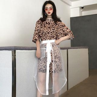 Set: Leopard Elbow Sleeve T-shirt + Mesh Midi Skirt