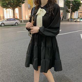Long-sleeve Bow-front Tiered Mini A-line Dress