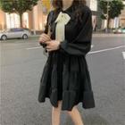 Long-sleeve Bow-front Tiered Mini A-line Dress