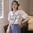 Short-sleeve Floral Embroidered Blouse / Mini A-line Skirt