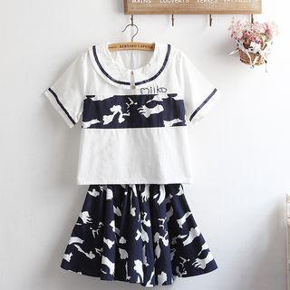 Set : Panel Short-sleeve Top + Mini Skirt